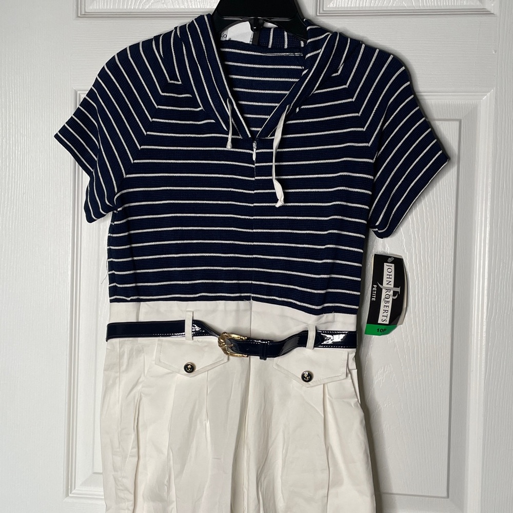 NWT John Roberts Sailor Striped Short Sleeve Hooded Belted Jumpsuit Vintage - Picture 2 of 7